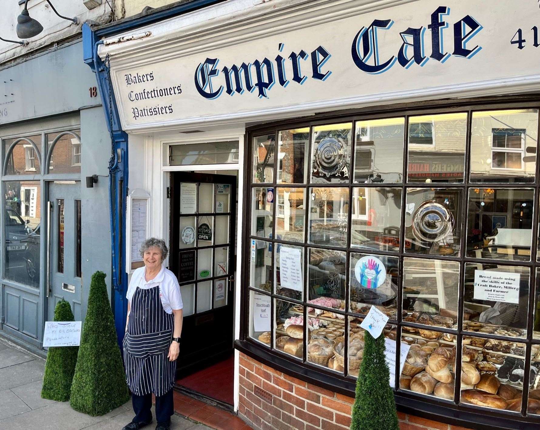 Owner Wendy Berkeley outside the café with her decorative trees