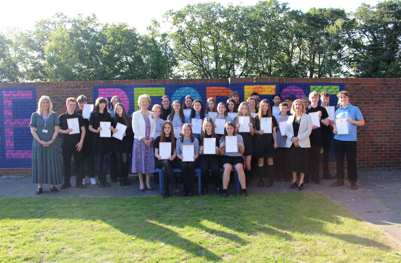 The Hurst School Duke of Edinburgh Bronze Award pupils with, from left, Anna Croft, Lady Portal MBE DL and headteacher Jayne McLaren