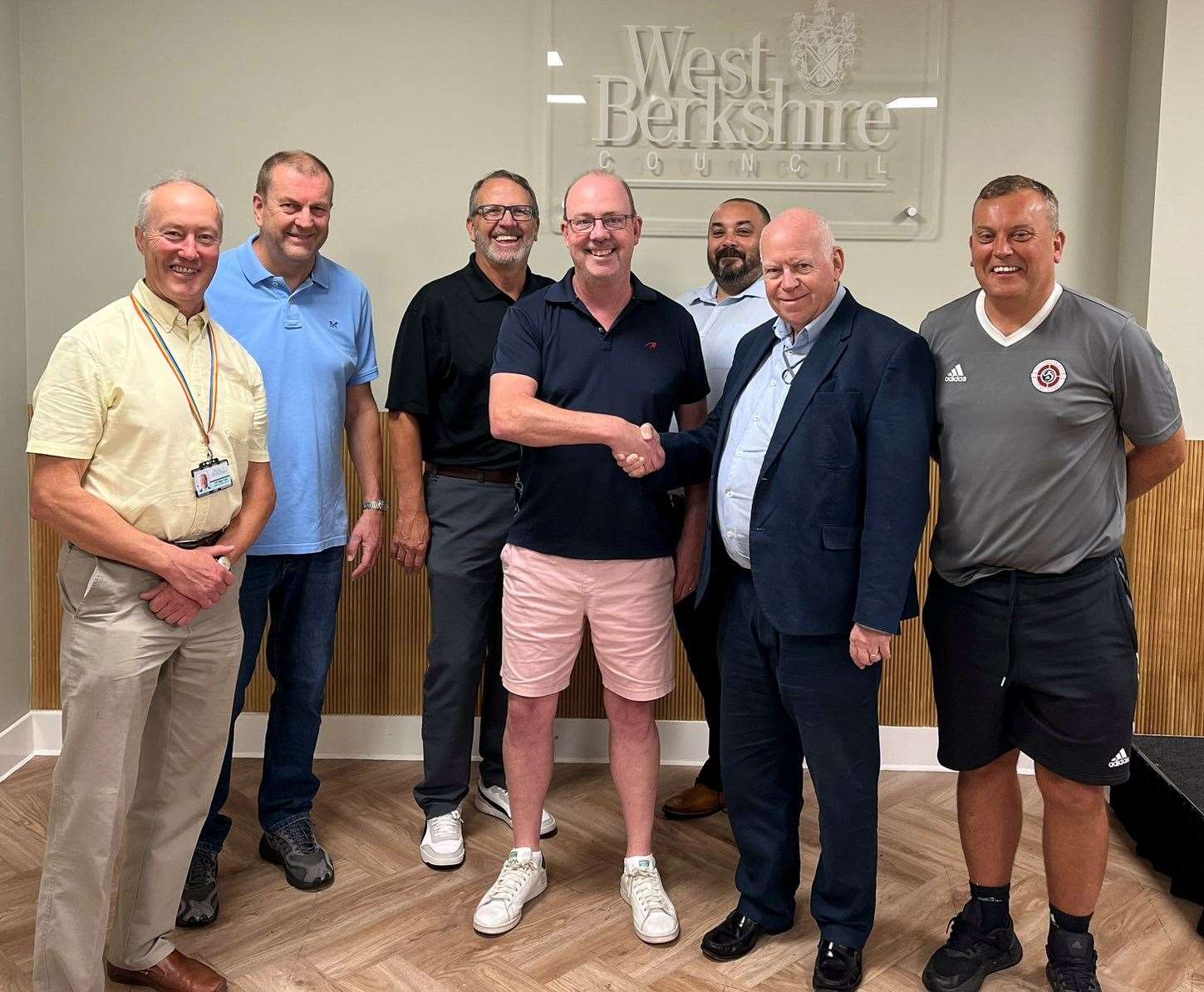 From left: Cllr Nigel Foot (West Berkshire Council), John Stewart (NCFG), Cllr Vaughan Miller (Newbury Town Council), Lee McDougall (NCFG), Nic Robbins (NCFG), Cllr Jeff Brooks (West Berkshire Council leader) and Jason Braidwood (NCFG)