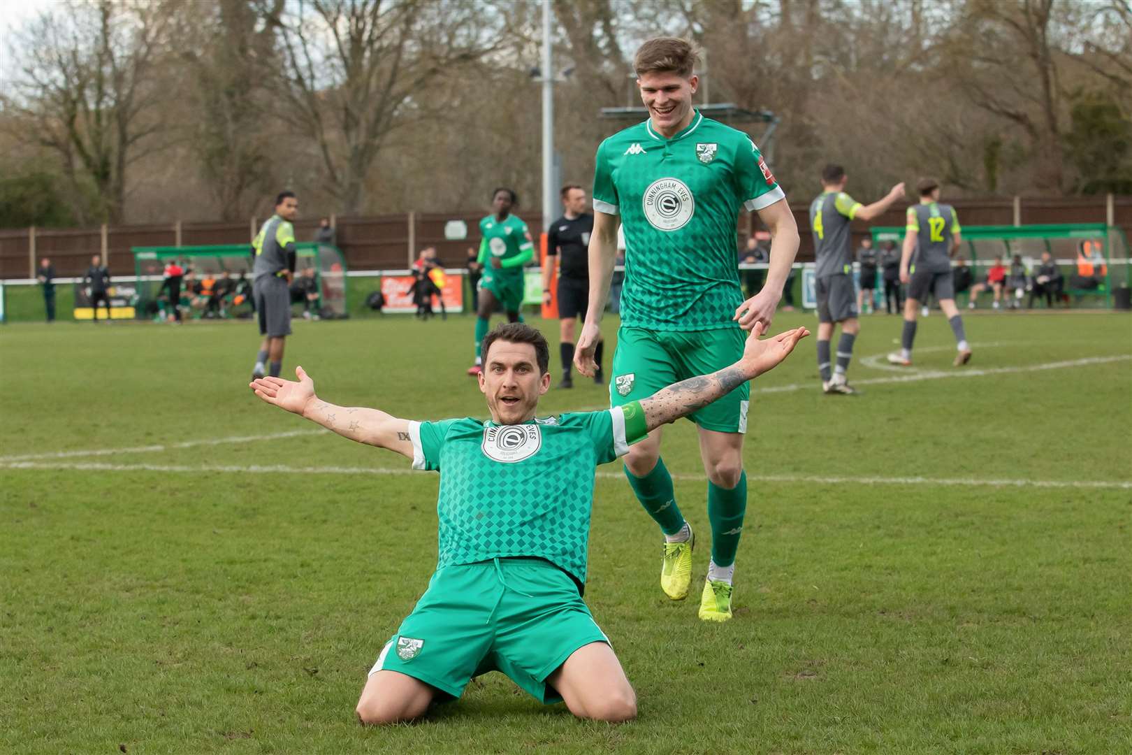 Skipper Dave Tarpey celebrates scoring Leatherhead's second goal. Picture by Stuart McAlister