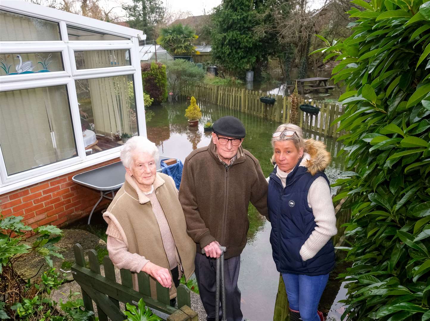Kiln Road floods - Polly Hines with neighbours Charlie and Vera Palmer