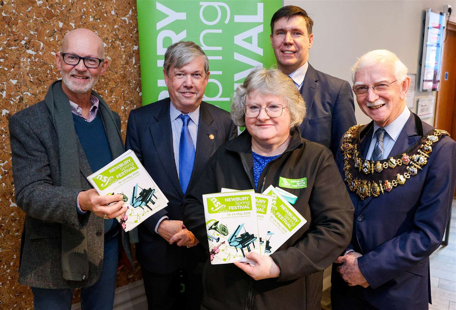 Launching Newbury Spring Festival at Newbury Corn Exchange, artistic director Mark Eynon, chairman Graham Barker, administrator Jane Pickering, general manager Ashley Morris with Newbury mayor Andy Moore Ref: 09-0625X