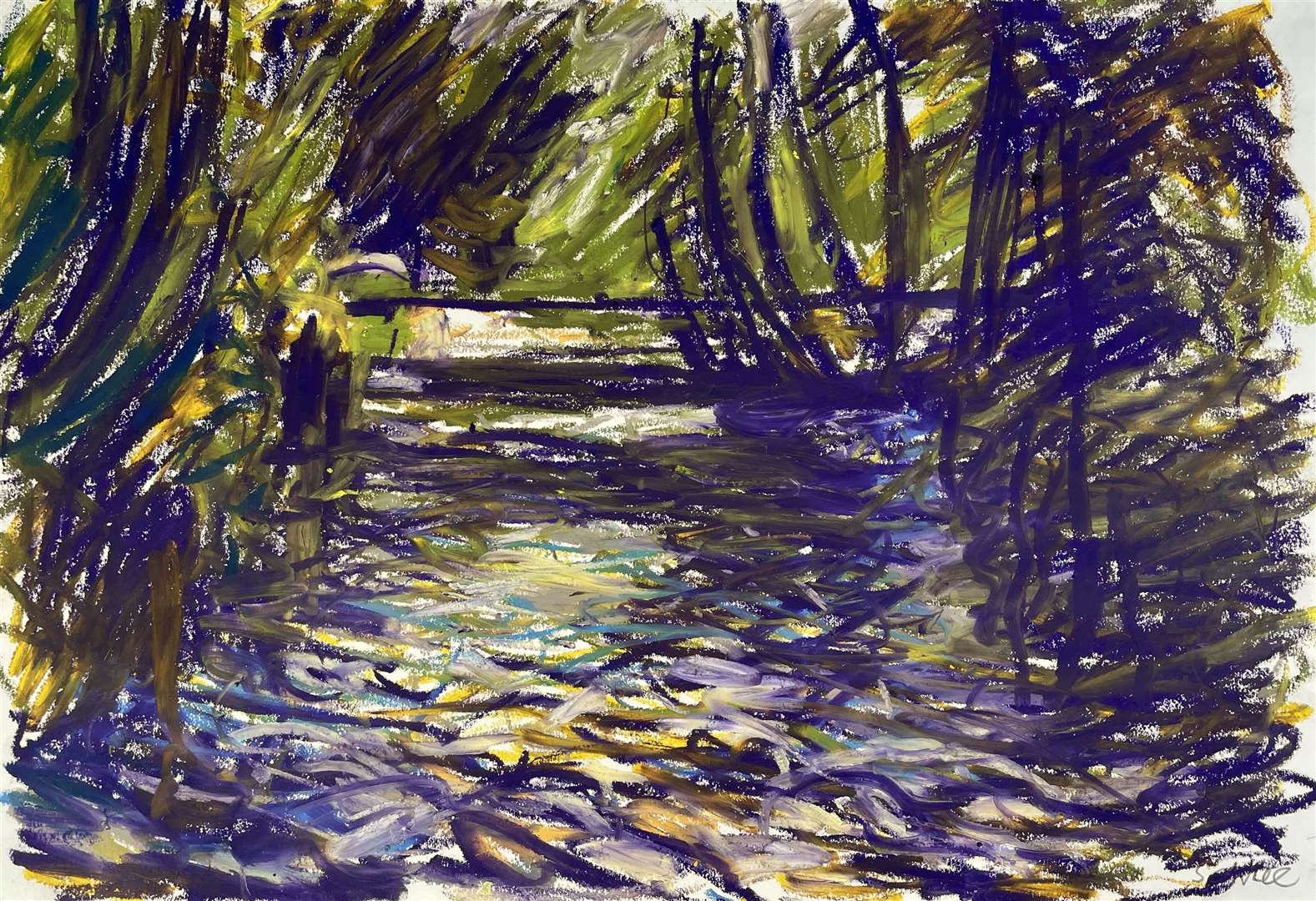 Nick Schlee: Bridge over backwater, oil pastel