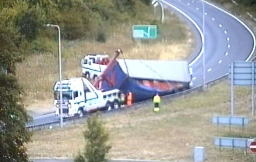 The overturned lorry blocked the A34/M4 sliproad throughout the night. Pic courtesy of National Highways