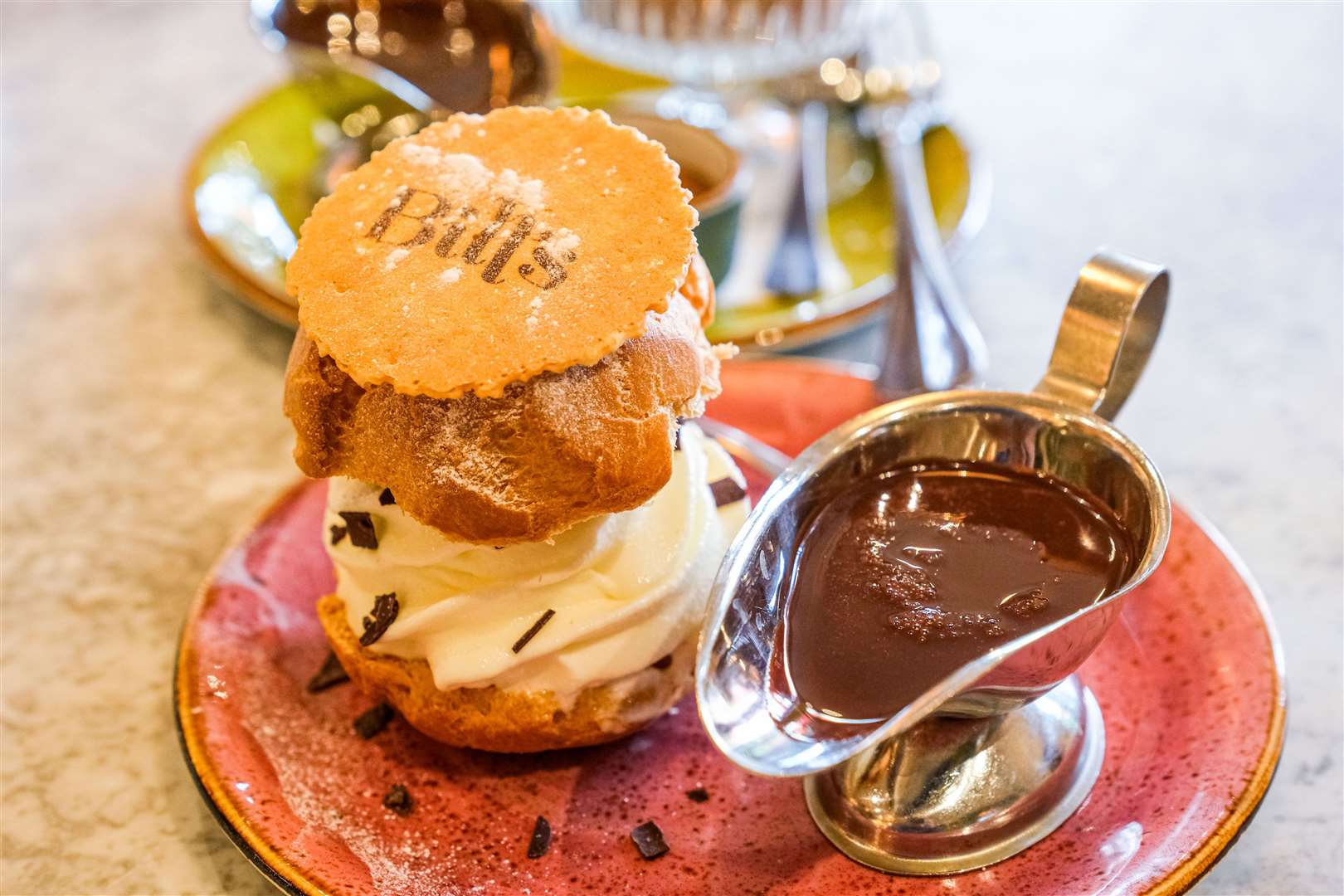 Hot chocolate and ice cream profiterole (£7.50)