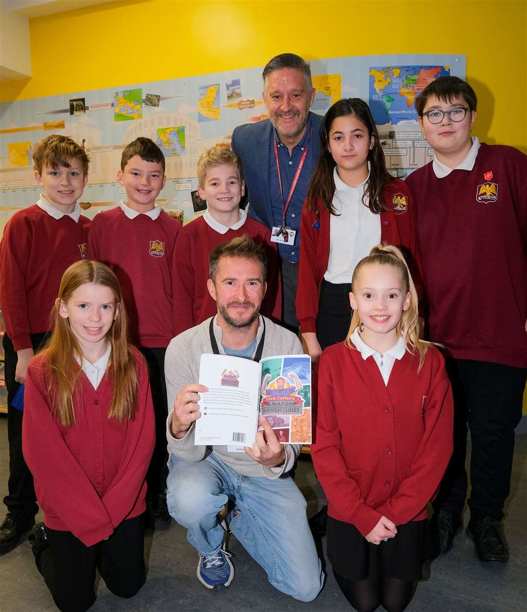 Nick Carter visits Winchcombe School pupils, pictured with headteacher Matt Percy