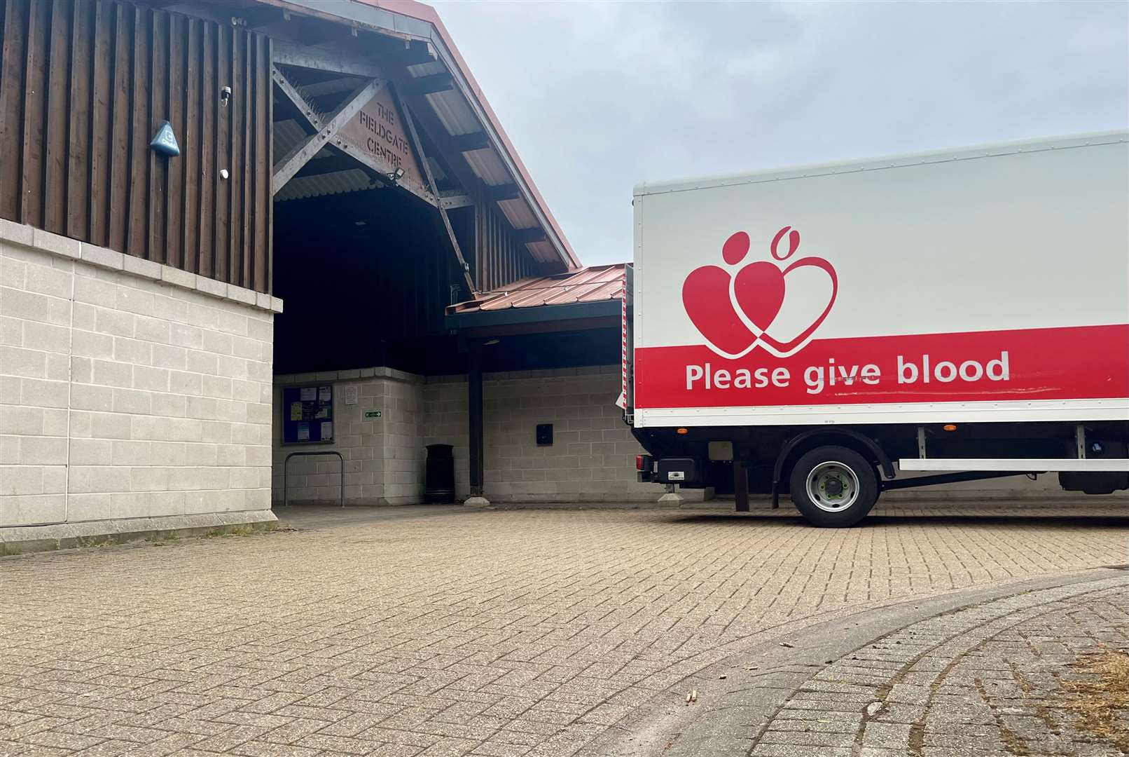 Blood donation lorry collecting samples outside The Fieldgate Centre in Kingsclere