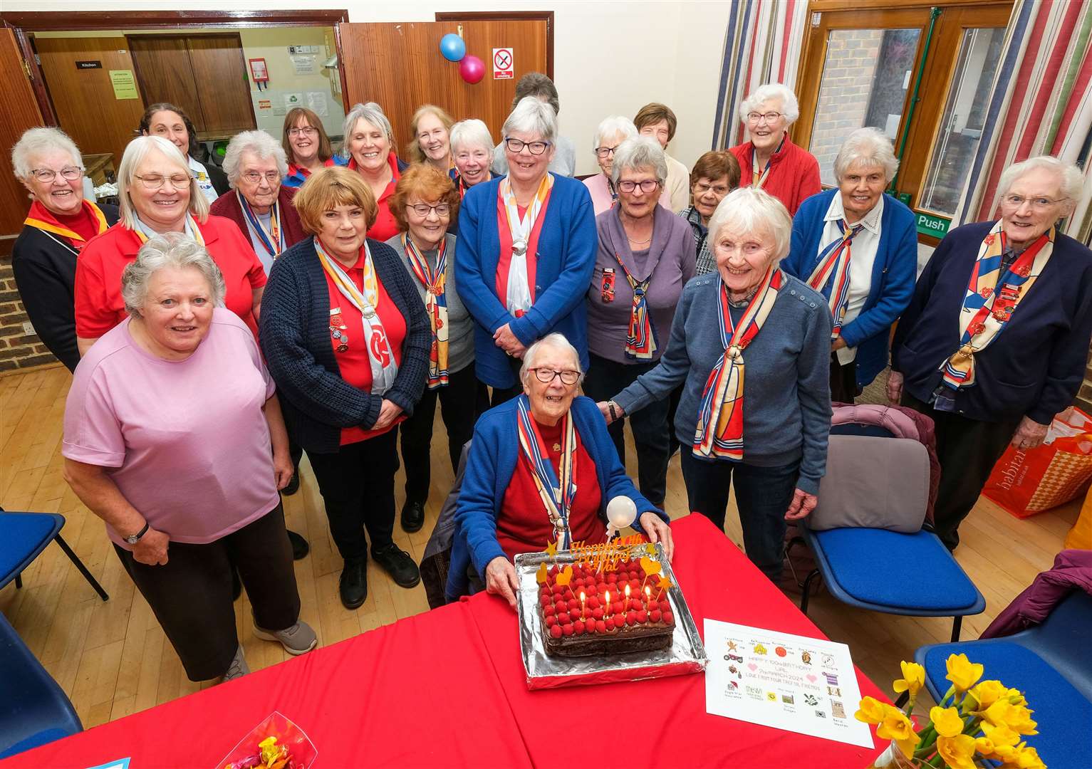 Valerie Norris celebrates her 100th birthday with the Burnham Copse Trefoil Guild at Heath End Village Hall