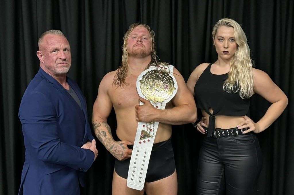 British Kingdom Pro Wrestling's Chris Bronson (middle), with Doug Williams and LA Taylor - Photo: Emma Meek