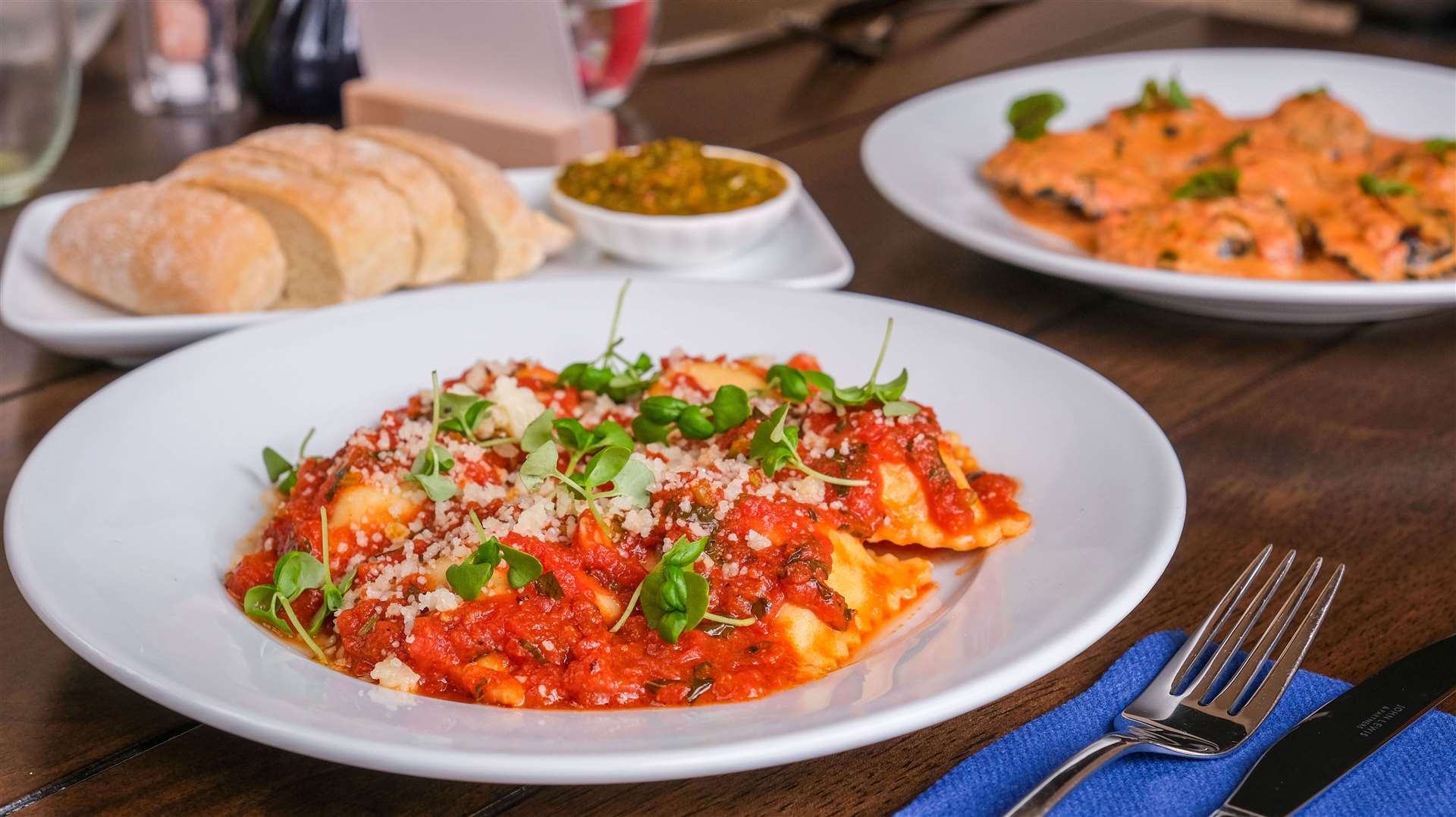 White ravioli with Wiltshire ham and mozzarella in a tomato sauce with parmesan (£16)