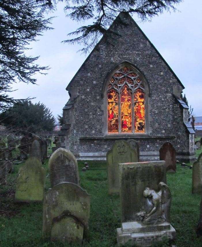 Chapel window lit up