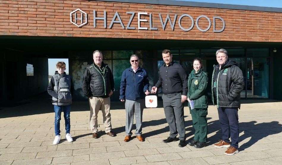 L to R: Aiden Barker-Rees, grandson of Jonathan Barker, London Irish Foundation head of operations Wayne Wedgbury, Pump Technology managing director Jonathan Barker, Hazelwood general manager Luke Charlton, Abby Doolan, from the London Ambulance Service NHS Trust, and London Irish Foundation chief executive Andy Keast
