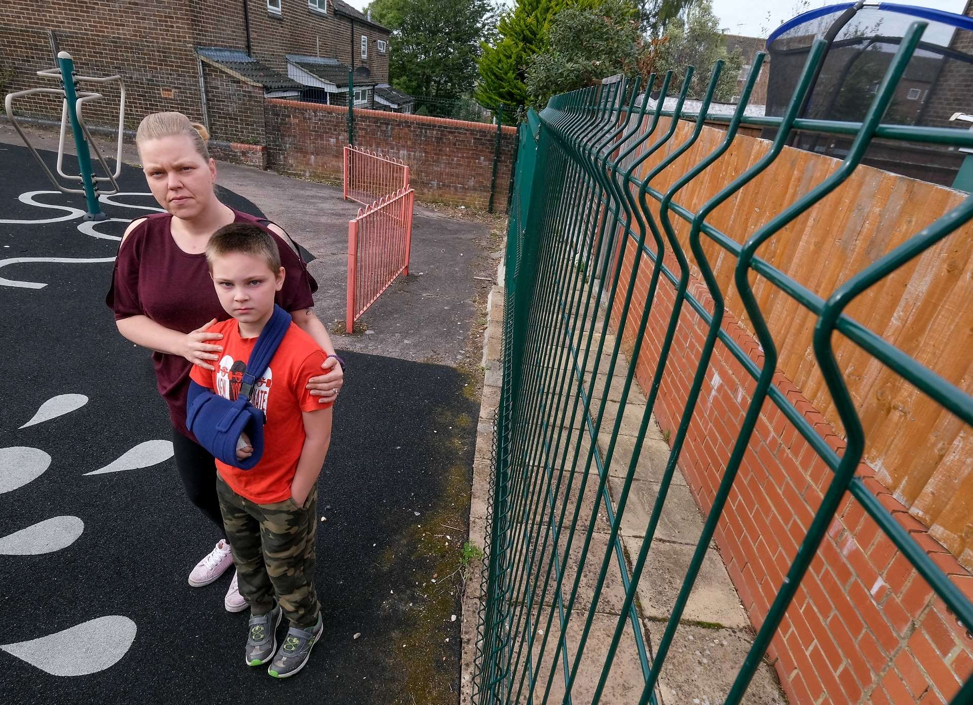 Tara Fairchild and her son Leon, at the park where he was injured