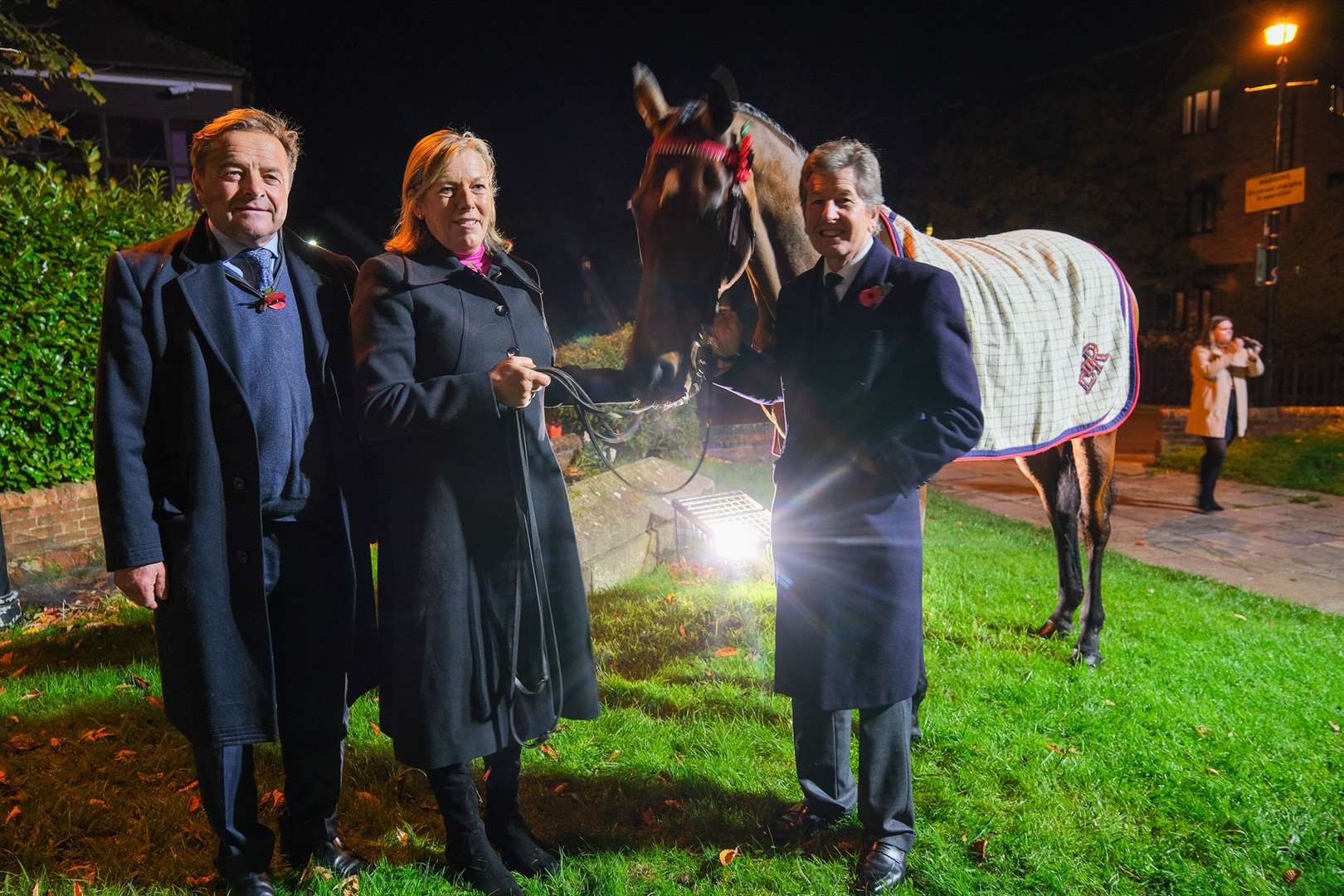 Christopher and Katie Jerram-Hunnable, with the Queen's racing manager John Warren and her retired racehorse Barber Shop
