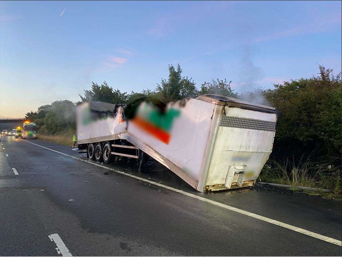 Scenes at the vehicle fire this morning, credit: Highways England