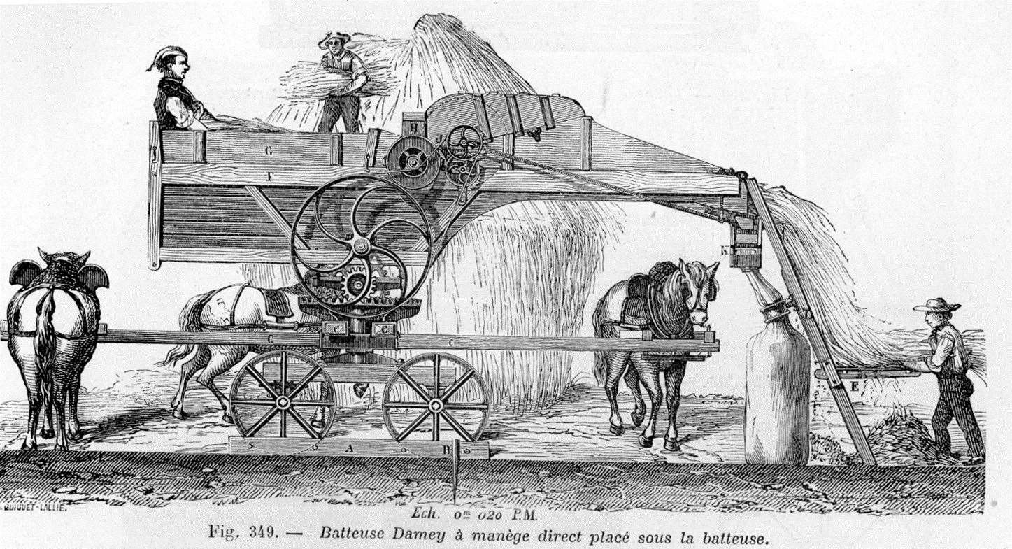 A horse-powered thresher from a French dictionary, published in 1881. Public Domain