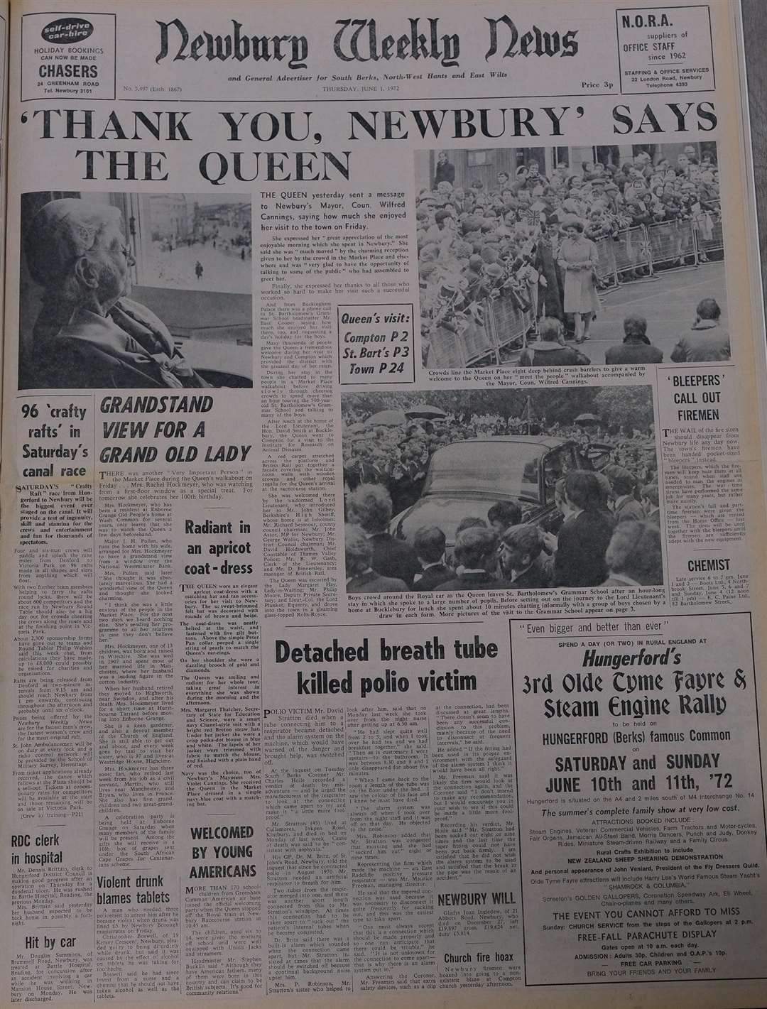 Front page of the Newbury Weekly News on June 1, 1972, reporting on the Queen’s visit