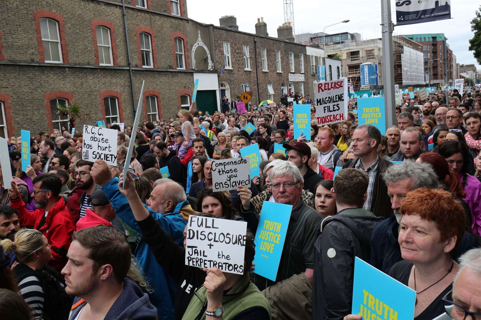 The Stand4Truth rally took place outside a former Magdalene laundry in Dublin as part of the demonstrations against clerical sex abuse to coincide with the visit to Ireland by Pope Francis (Aaron Chown/PA)