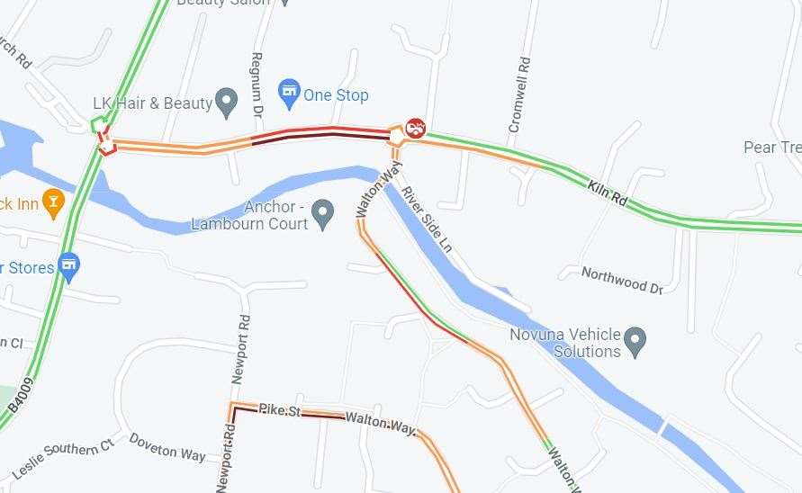 A map of the current traffic situation around Kiln Road, credit: Google Maps