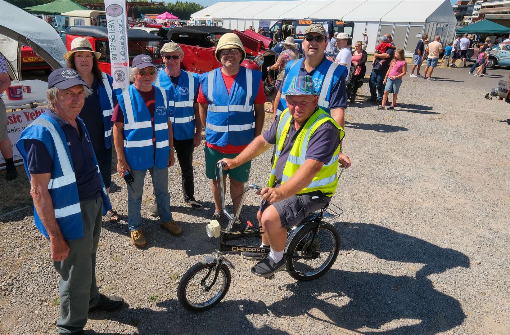 West Berkshire Classic Car show at Newbury Racecourse Shane Wall on the bike with Mike Kent, Colleen Kent, Steve Kirby, Trevor Pocock, Richard Huntley and Steve Lane (58686624)