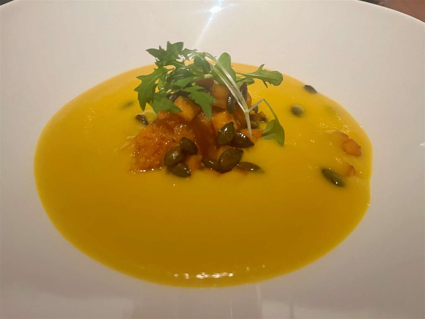 Butternut Squash Soup (vegetarian), finished with Braywood olive oil and Modena aged balsamic