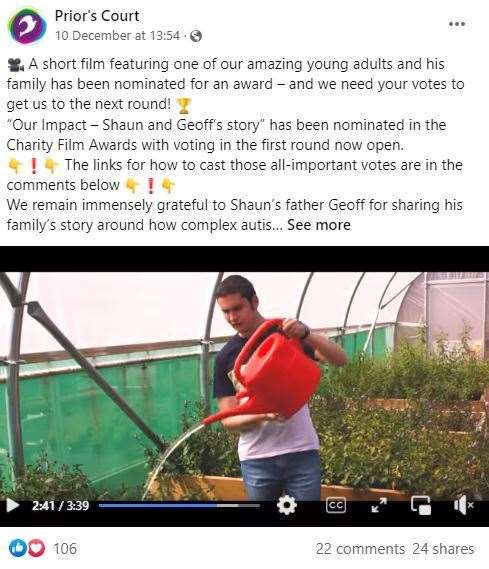 A short film featuring a young person from Prior's Court has been nominated for a prestigious award