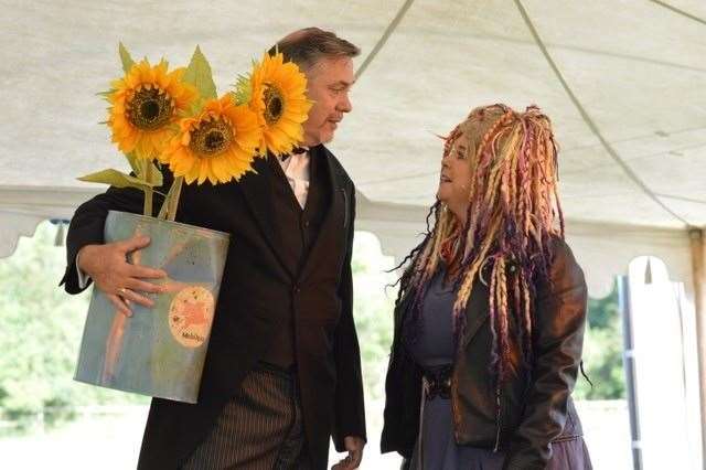 Steve Wilson as Tails and Lizzie Lewis as Delphi find love among the sunflowers picture, Kit Morris