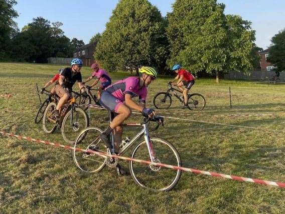 Riders fight for position at a Newbury Cyclocross race