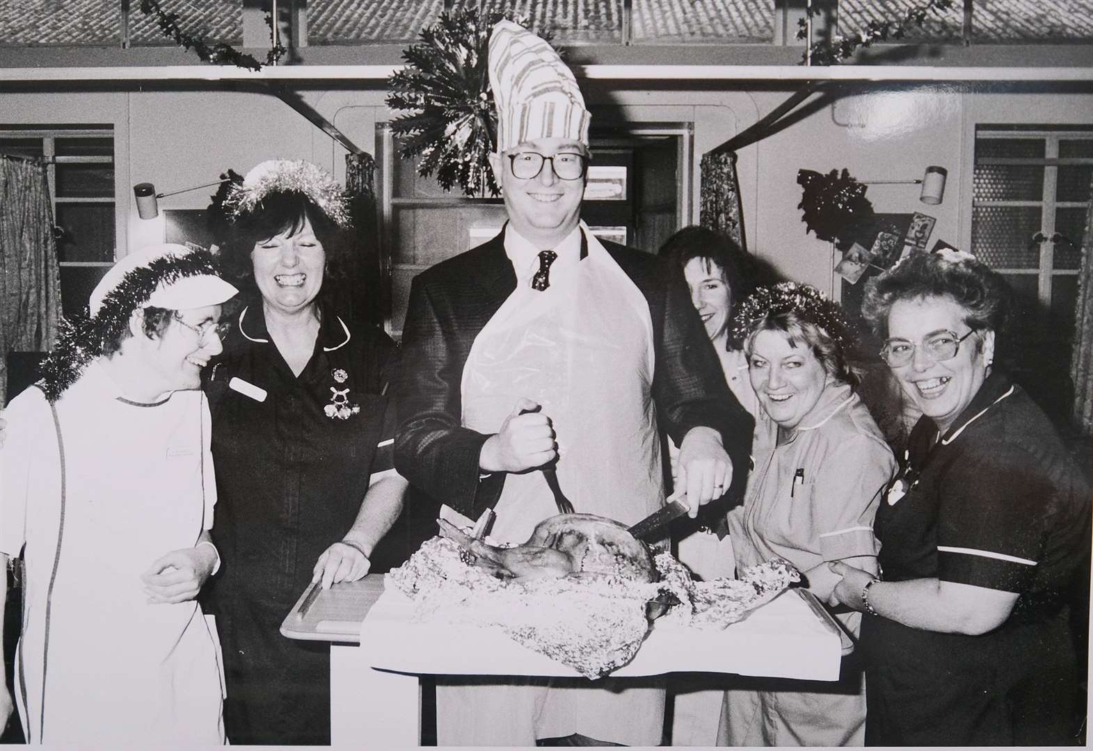 Dr Tim Walters carved the turkey at Newbury District Hospital 1995