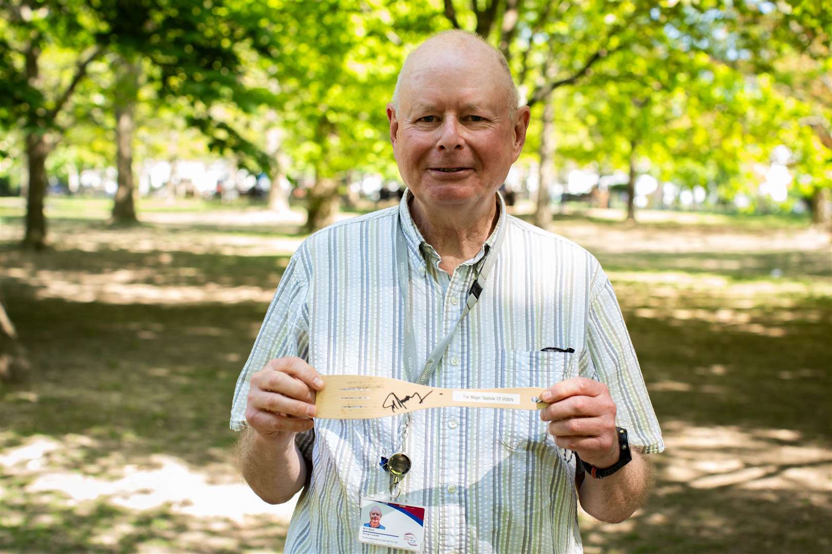Liberal Democrat councillor Martin Brice with a signed spatula in Grove Park, Royal Tunbridge Wells (James Manning/PA)