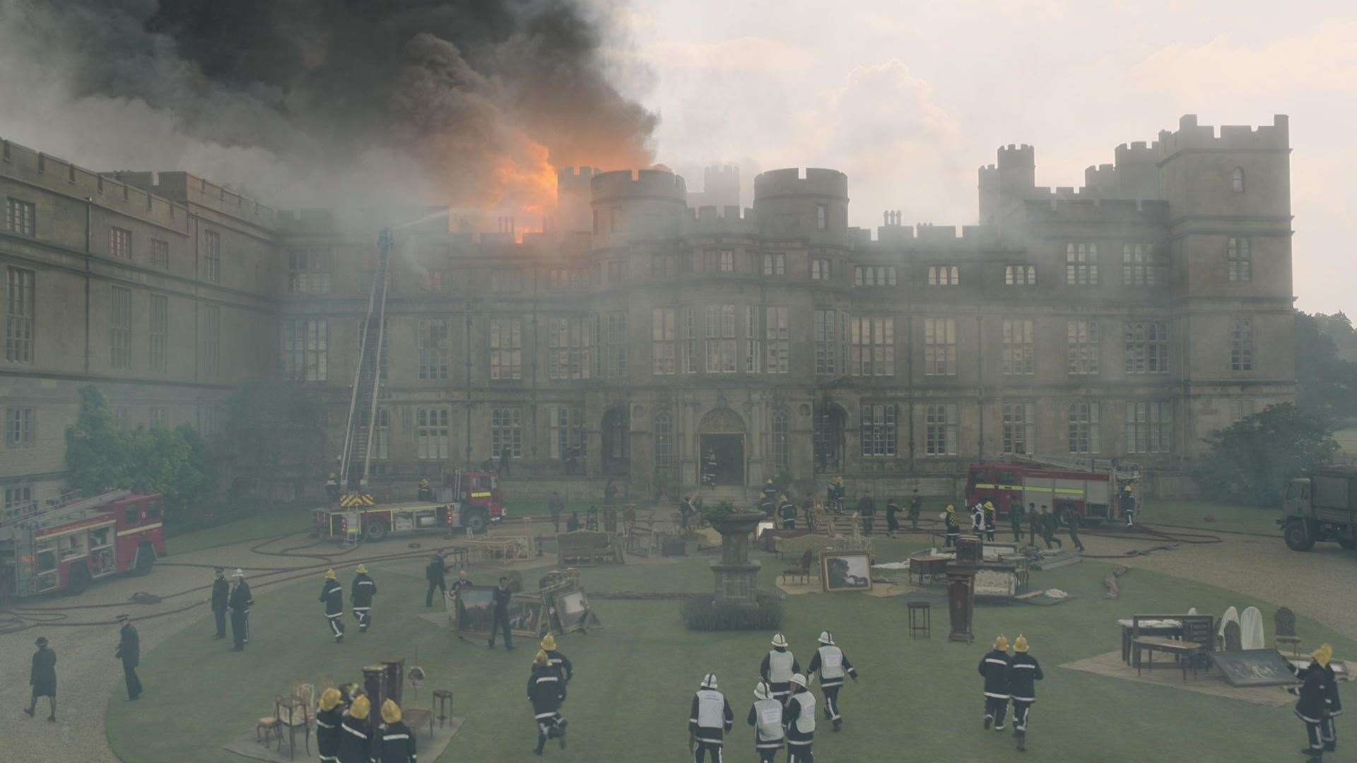 The Windsor Castle Fire being filmed at Burghley House. Photo: Netflix