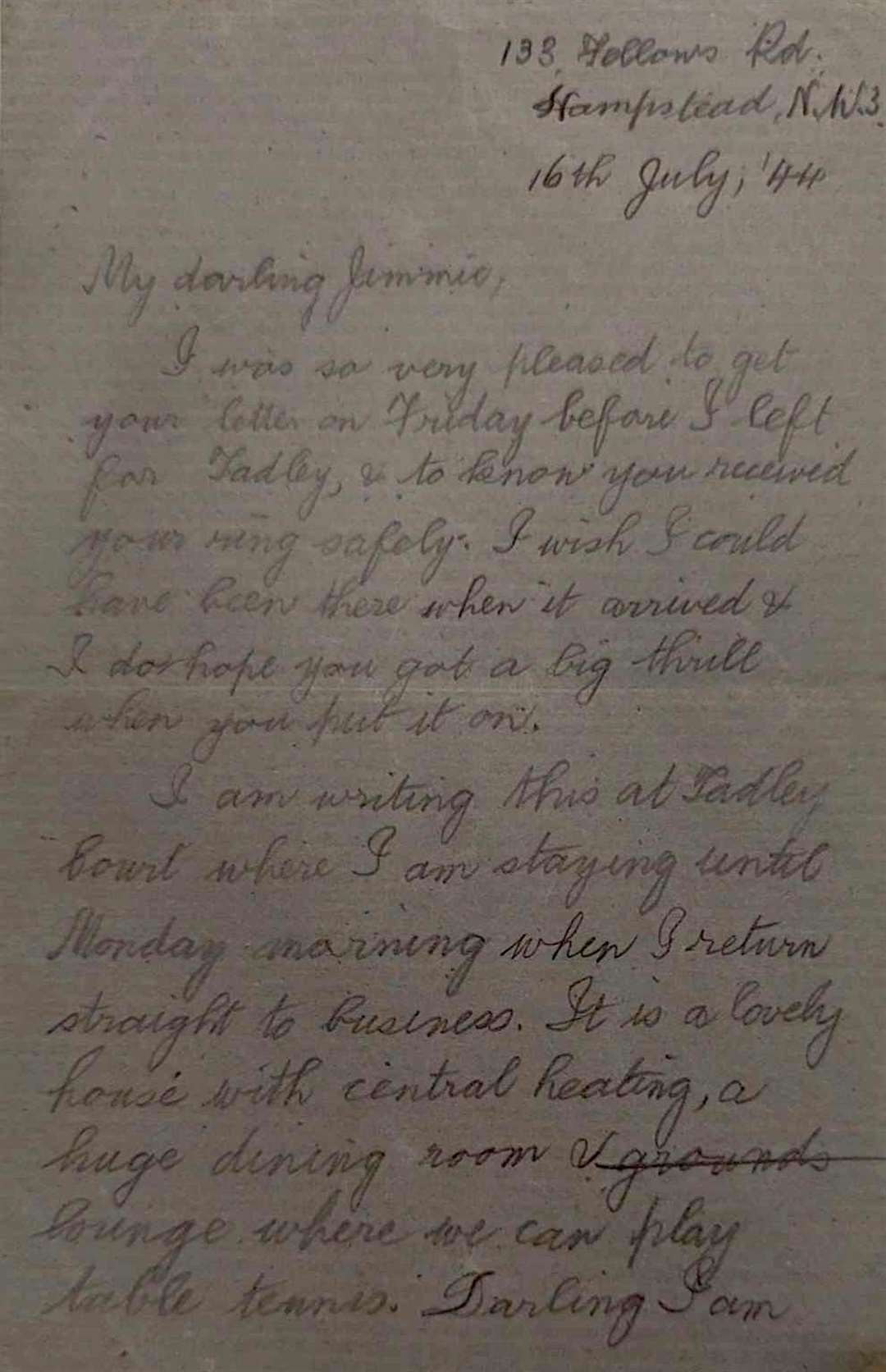 ‘It is a lovely house with central heating, a huge dining room and lounge where we can play table tennis.’ Letter Lucy sent to Jimmie, dated July 16, 1944. Credit: Jennifer Eades