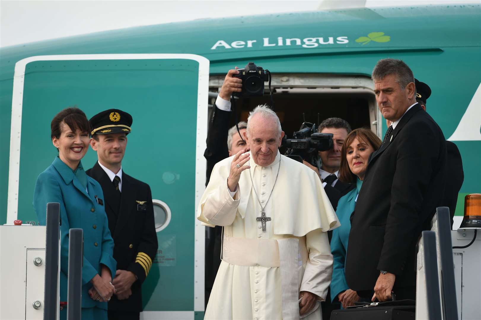 Pope Francis leaving on an Aer Lingus aircraft from Dublin Airport back to the Vatican putting an end to his visit to Ireland (Joe Giddens/PA)