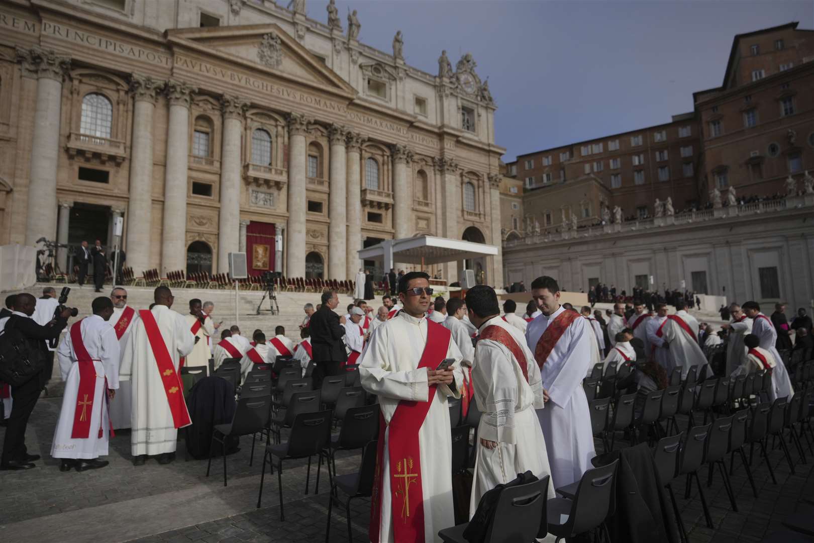 Priests and clergy arrive for the funeral of Pope Francis in St Peter’s Square at the Vatican (Alessandra Tarantino/AP)