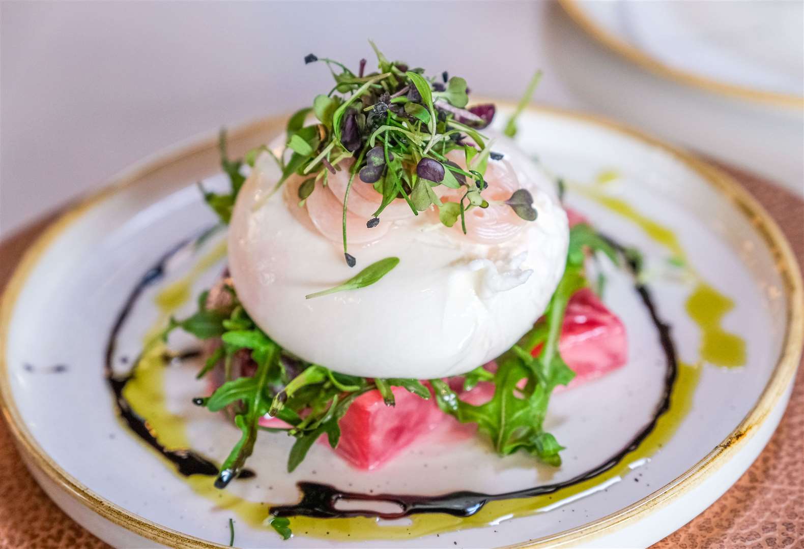 Burrata with Heritage beetroots, pickled shallots, white balsamic and basil oil (£13)