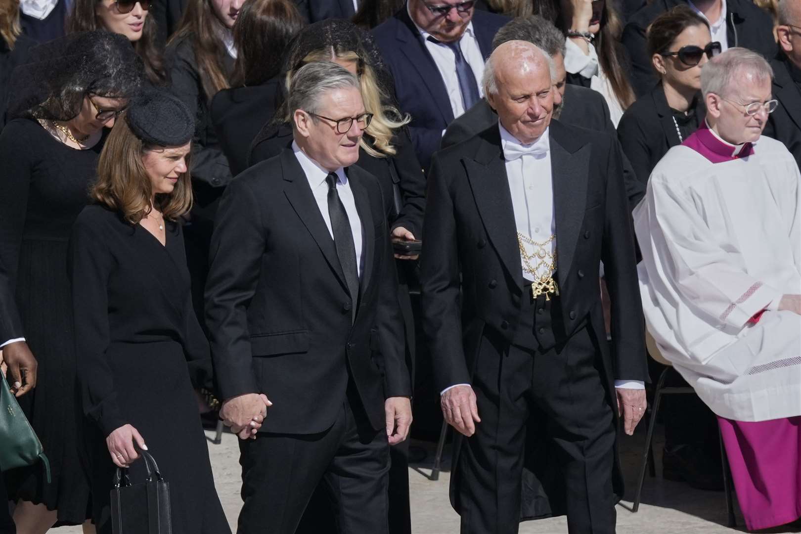 British Prime Minister Keir Starmer, centre, and his wife Victoria arrive for the funeral of Pope Francis in St Peter’s Square at the Vatican (Gregorio Borgia/AP)