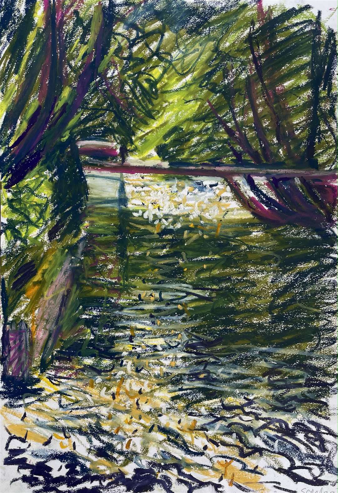 Nick Schlee: Bridge over the backwater, oil pastel
