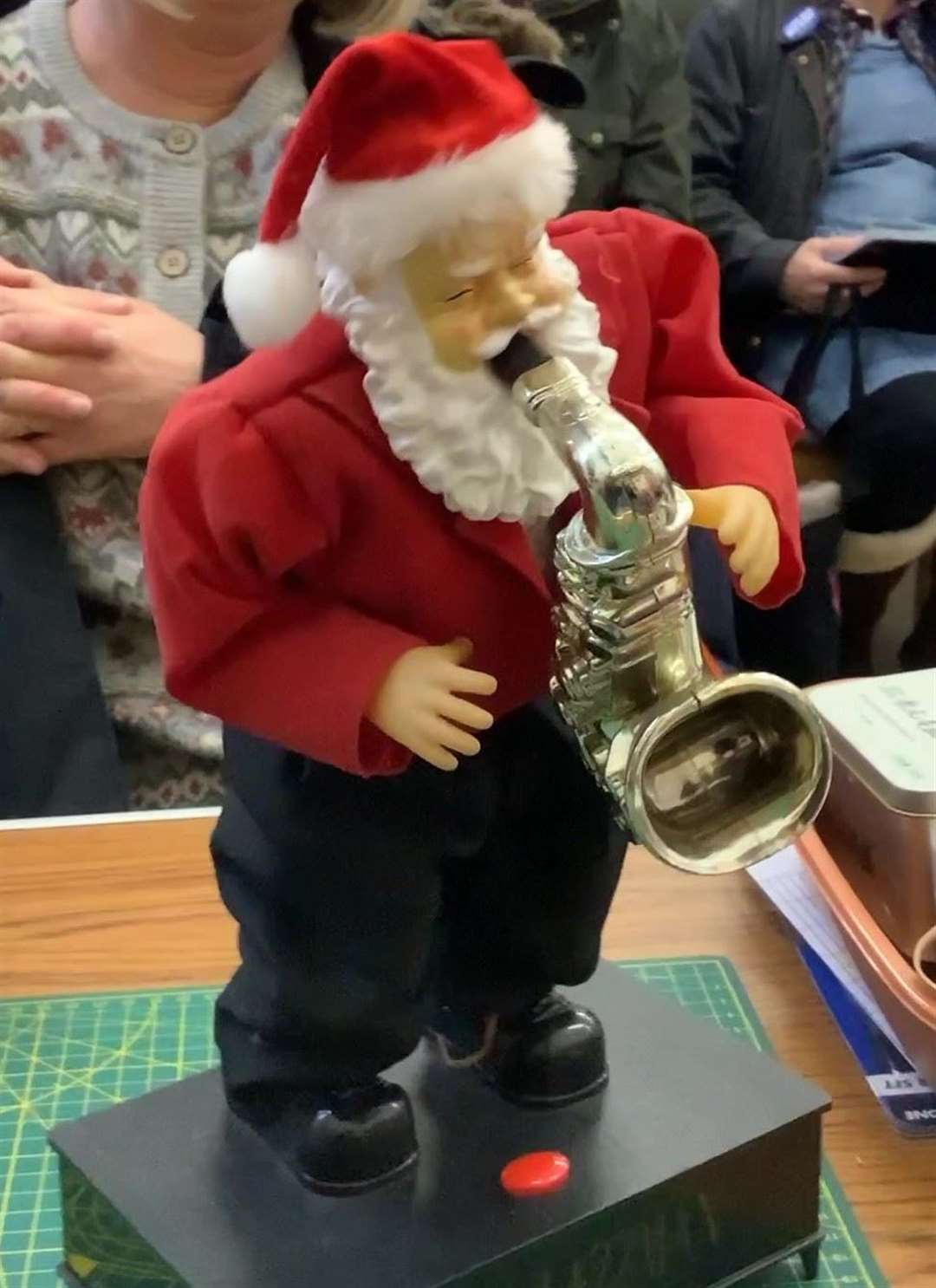 A saxophone-playing Santa