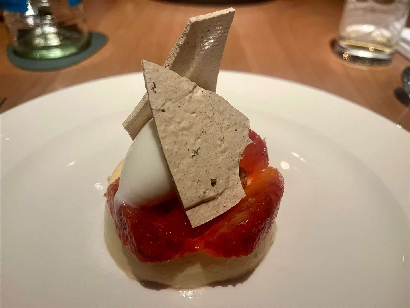 Blood Orange Set Custard served with sheep yoghurt sorbet and lemon thyme meringue