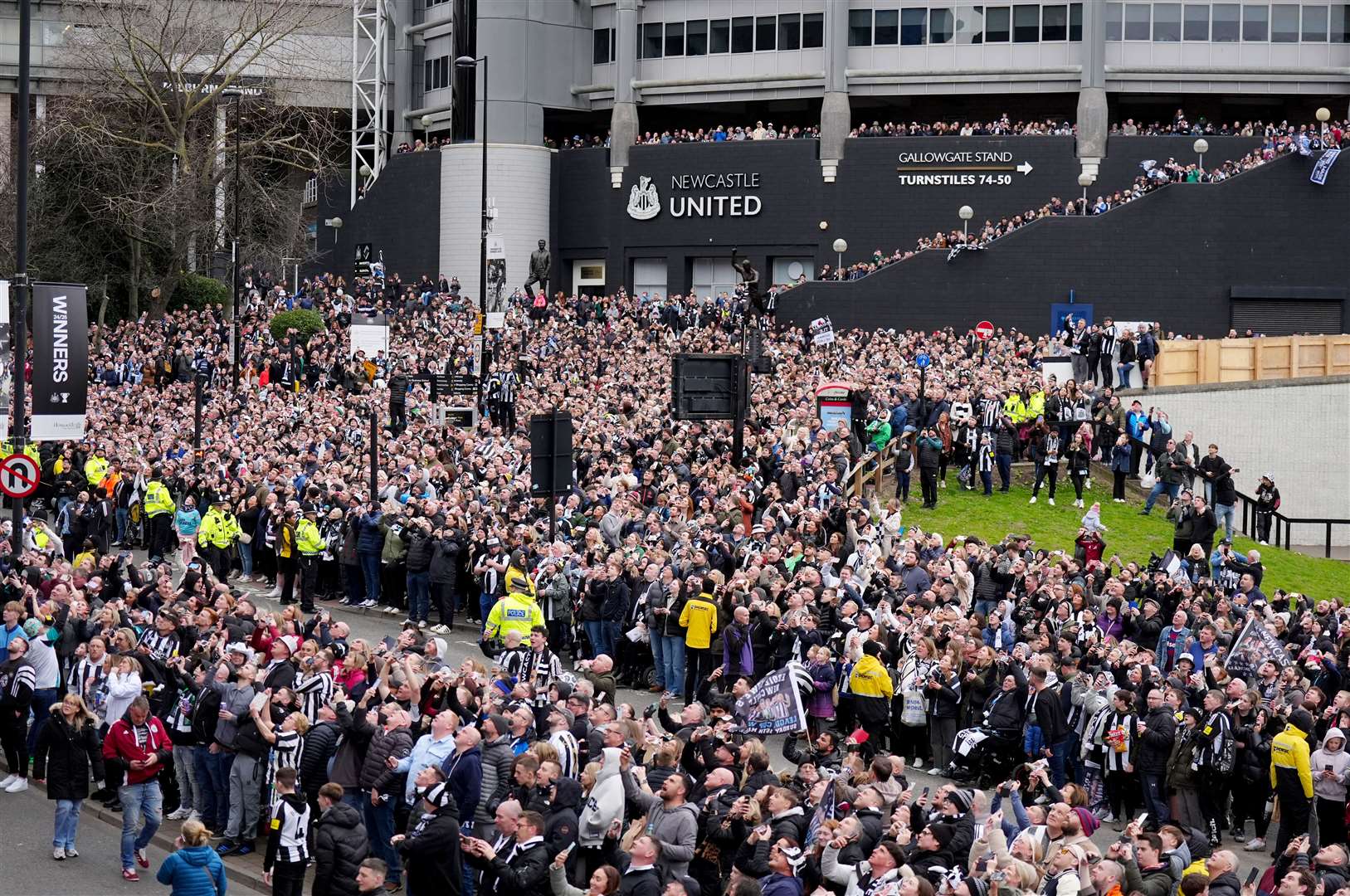 Newcastle United fans outside St James’ Park ahead of the Carabao Cup trophy parade (Owen Humphreys/PA)