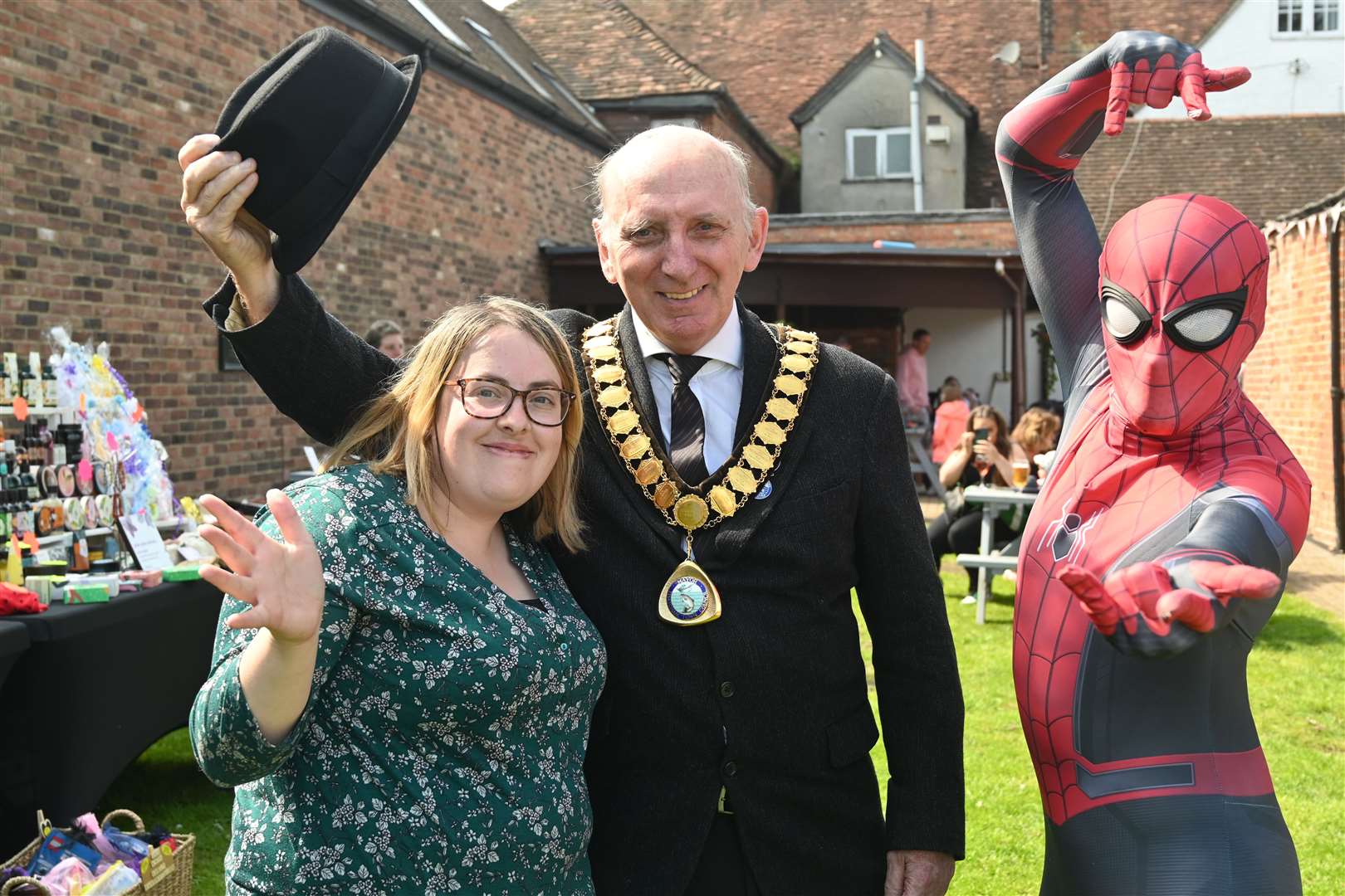 Mayor of Thatcham John Boyd with Amy Collins and a friendly neighbourhood Spiderman