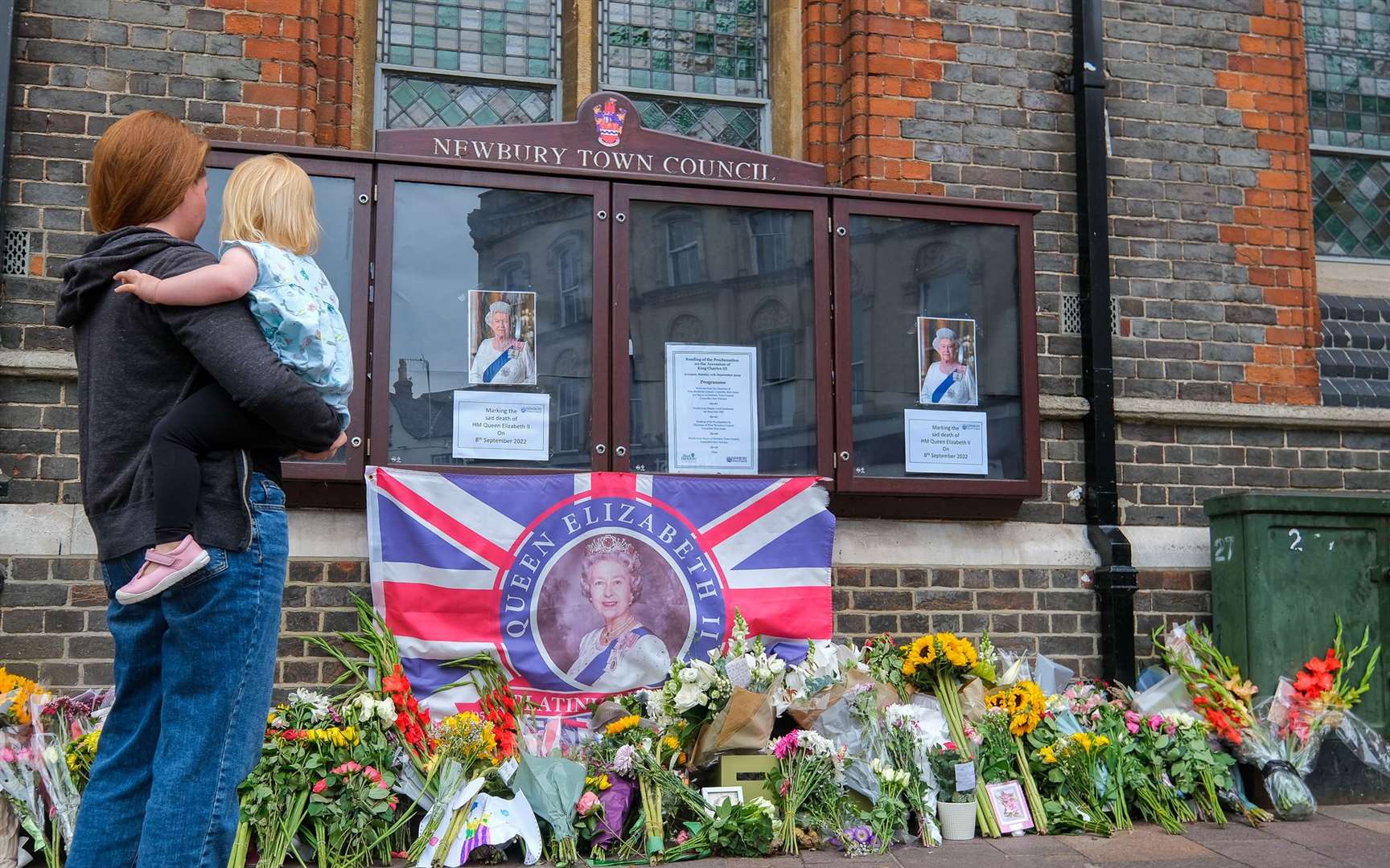 Flowers left for the Queen outside Newbury Town Hall. Picture by Phil Cannings