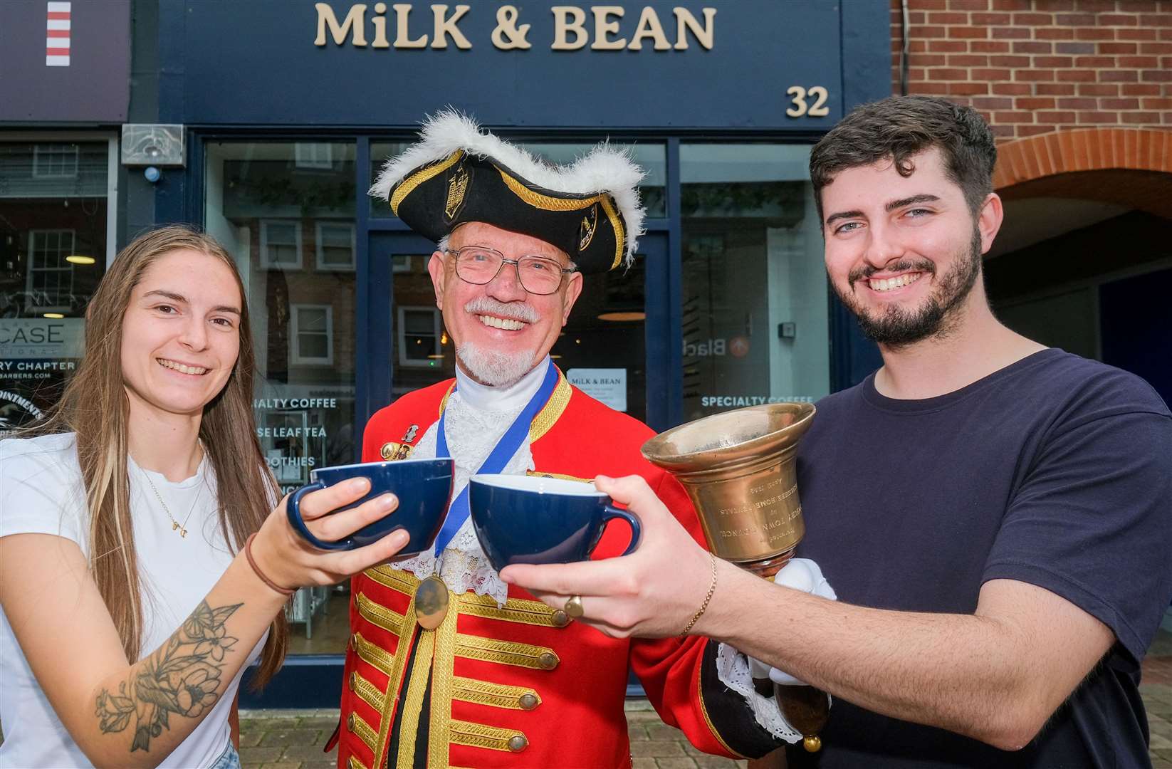 Miss Lynch and Mr Chaplin with Newbury town crier Brian Sylvester