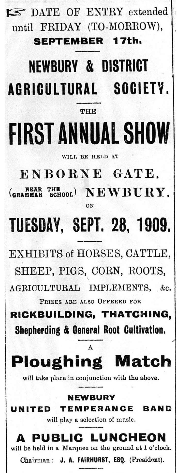 Advert for the first ever Newbury Show in the Newbury Weekly News on September 16, 1909