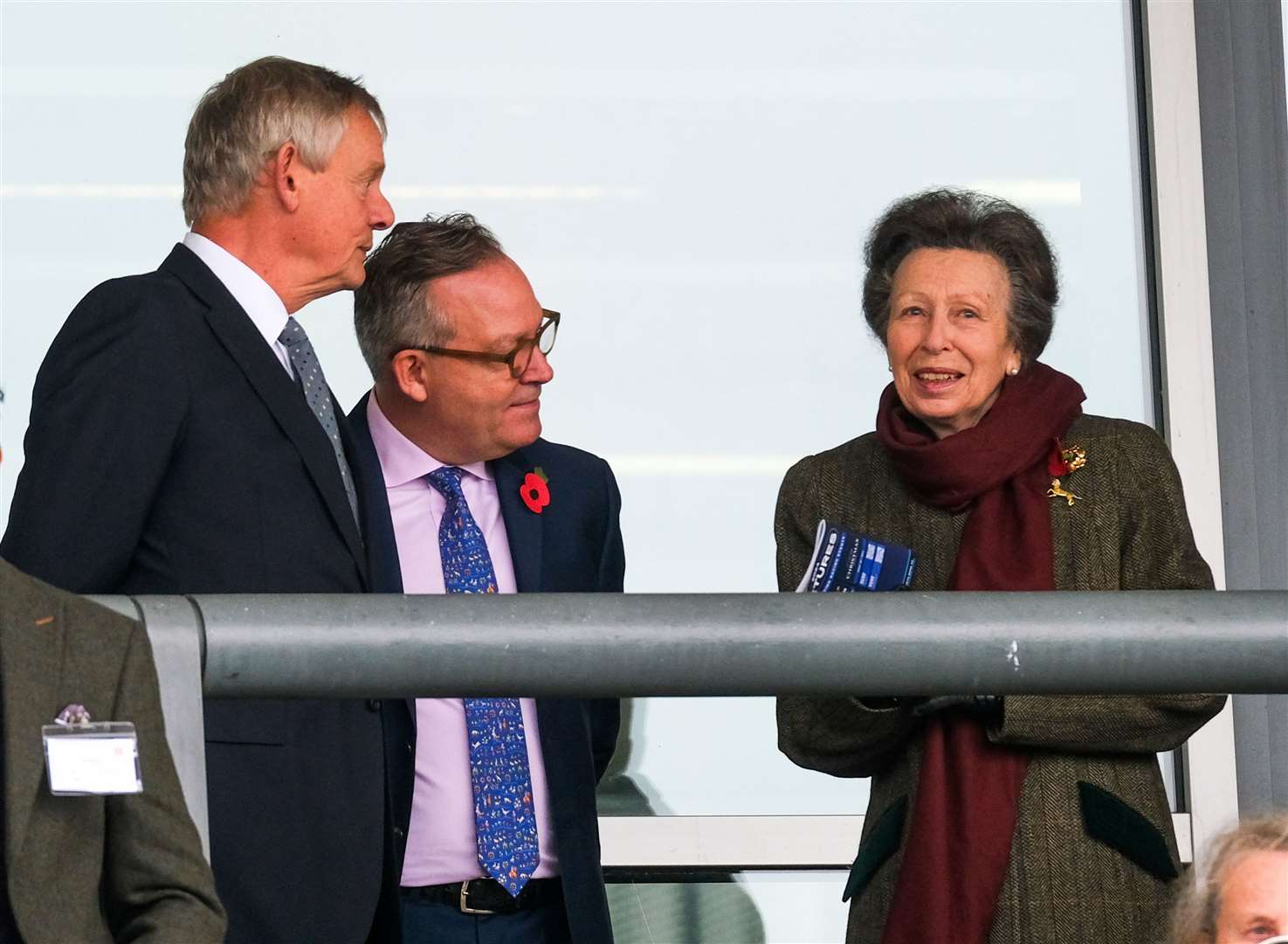 Princess Anne with Martin Clunes and James Hick, CEO Newbury Racecourse for the Charity race in aid of The British Horse Society