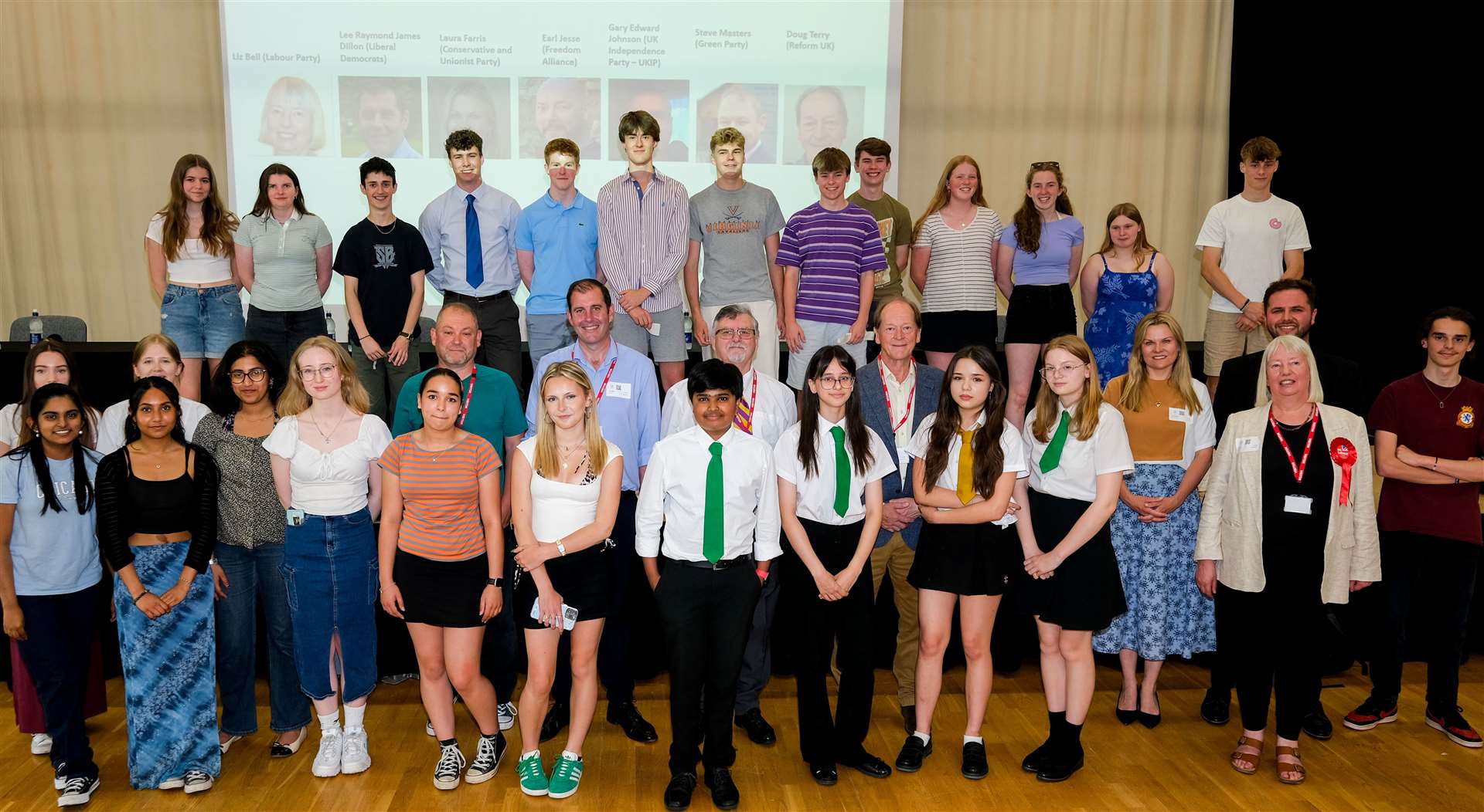 Political candidates pose with St Bart’s pupils in the School Hall