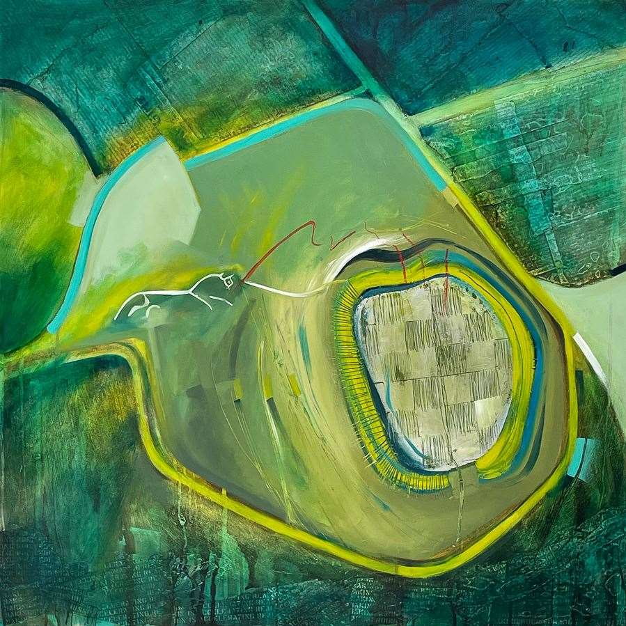 Lin Kerr’s Galloping to Uffington, from the 2022 exhibition. Lin explores and exploits oil paints in layers of scratching back and adding marks, using a variety of tools and often just fingers or a palette knife to manipulate the paint. She often works over a background of text which is physically integrated yet stylistically juxtaposed adding contemplation. All her landscapes, often understated and generic, originate from her observation, usually from Oxfordshire. Her work ranges in size from 20cm x 20cm up to 100cm in length. Lin has produced art for as long as she can remember. Her background is deeply rooted in fine arts, and after many years in calligraphy and graphic design, she has recently returned to her first love of oil painting. Lin is a compulsive recorder of musings and thoughts about her medium and materials, and these are expressed in her blog.