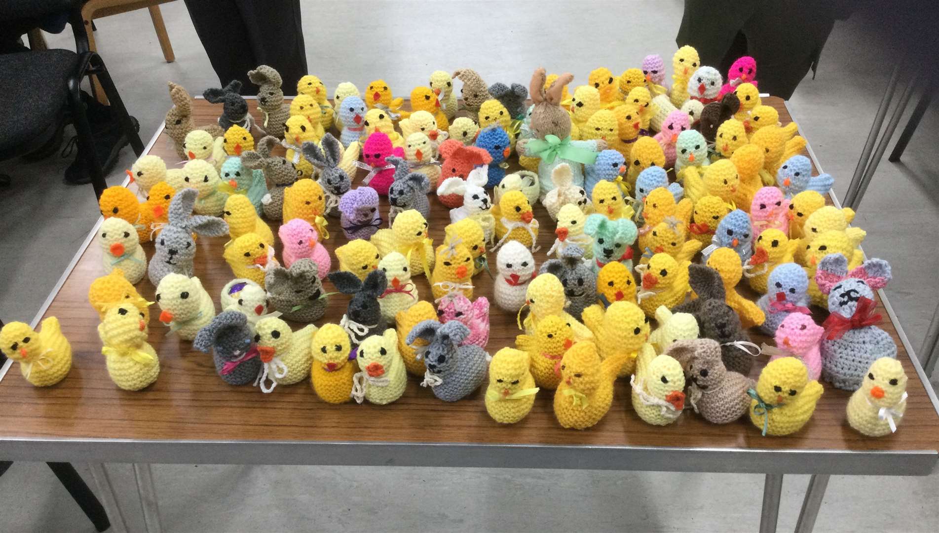 A selection of the knitted chicks and rabbits
