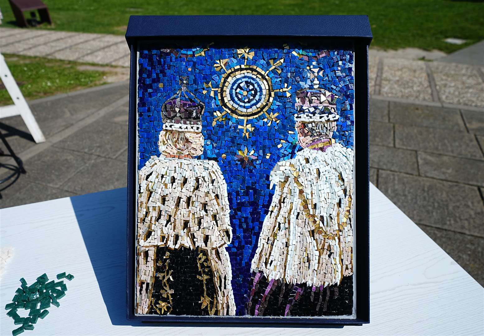 A mosaic illustrating the coronation of Charles and Camilla on display in the basilica grounds (Aaron Chown/PA)
