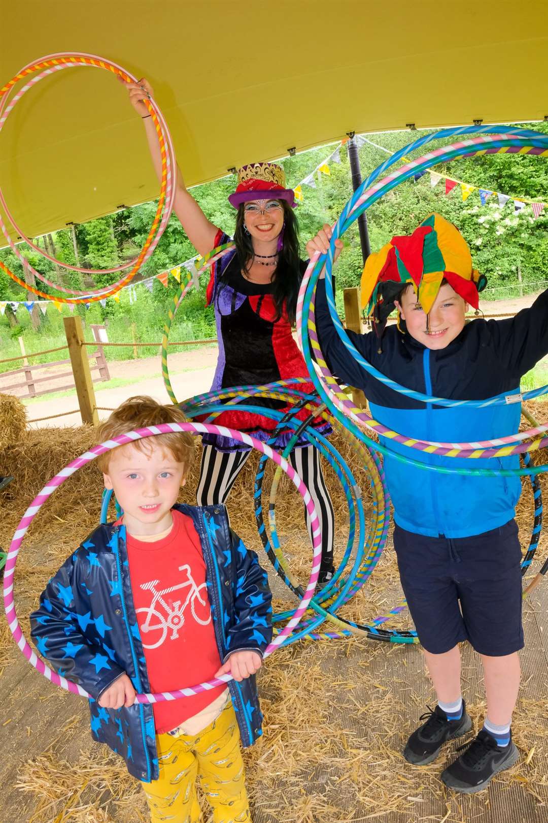 Circus skills workshop led by Thalia Swann with ten-year-old Adam and six-year-old Ben O'Donnell